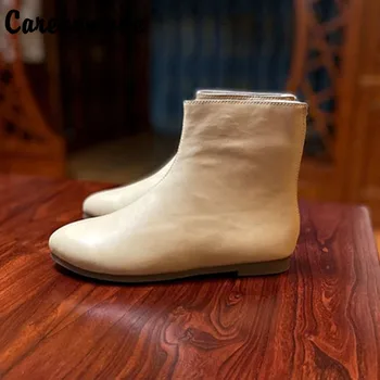 Careaymade -Domaće jednostavne kožne ženske čizme ručni rad u književnom stilu niskim petama od bičevati i udobne kratke čizme na munje straga