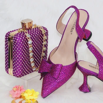Nigerijski dizajn, Talijanske ženske cipele i torba u ton, kit iz torbe Ljubičaste boje, Ukrašena šljokicama za Svadbene zurke