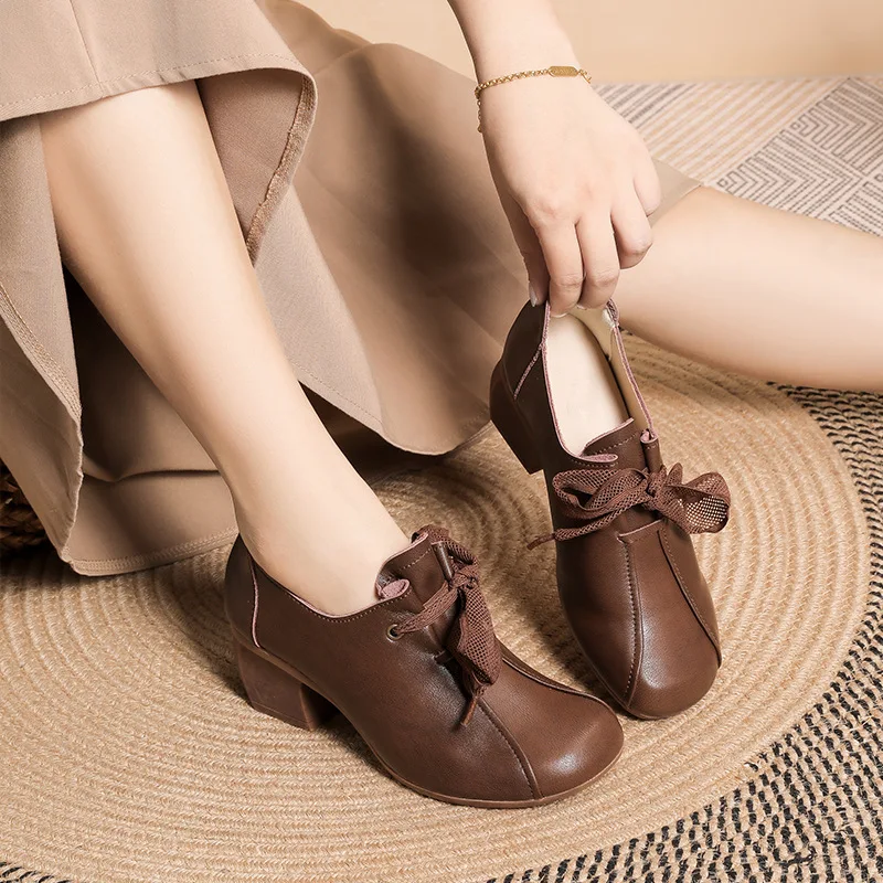 Koznoy 4,5 cm, Etnička cipele od prave Kože u retro stilu, Udoban proljeće-jesen ženske cipele na nisku Petu sa uvezivanje, Meka ženska obuća bez spajala s okruglim vrhom 4